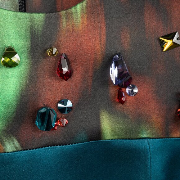 Erdem Teal Silk Satin Embellished-Yoke Pleated Dress - Picture 5 of 12